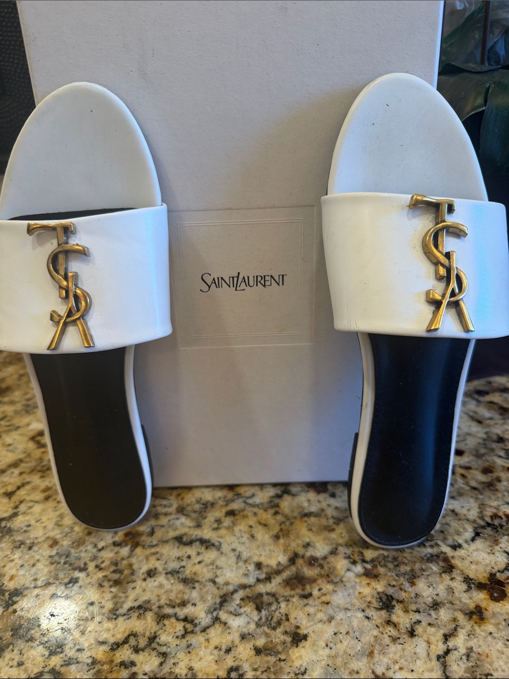 Saint Laurent White Leather Slide Mules with Gold YSL Monogram